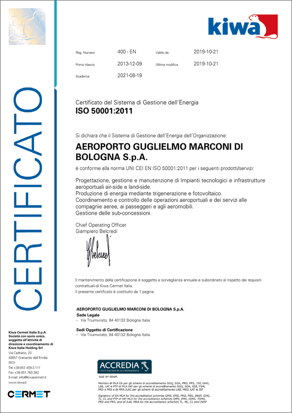 Certificato del Sistema di Gestione dell'Energia UNI CEI EN ISO 50001:2011