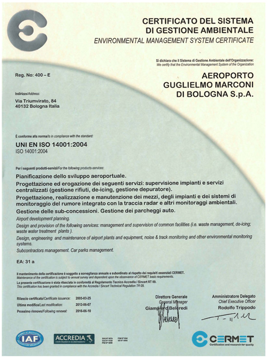 Certificato Sistema Gestione Ambientale UNI EN ISO 14001:2004